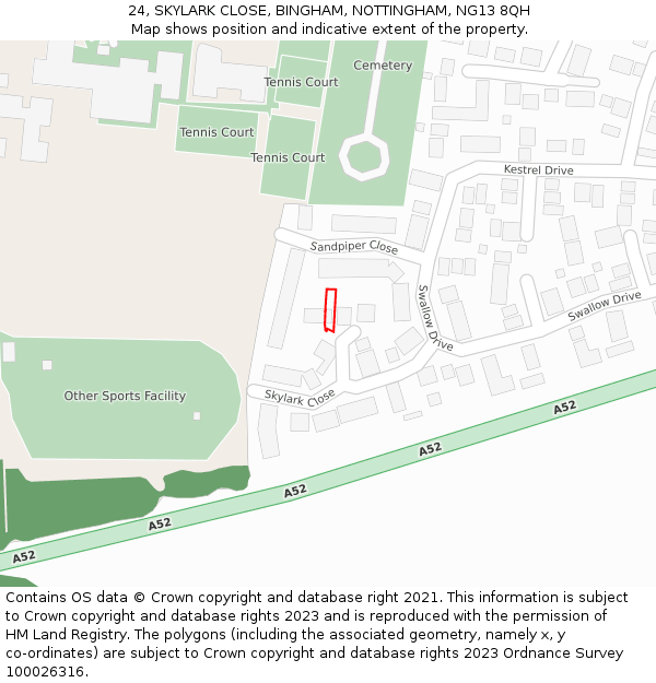 24, SKYLARK CLOSE, BINGHAM, NOTTINGHAM, NG13 8QH: Location map and indicative extent of plot