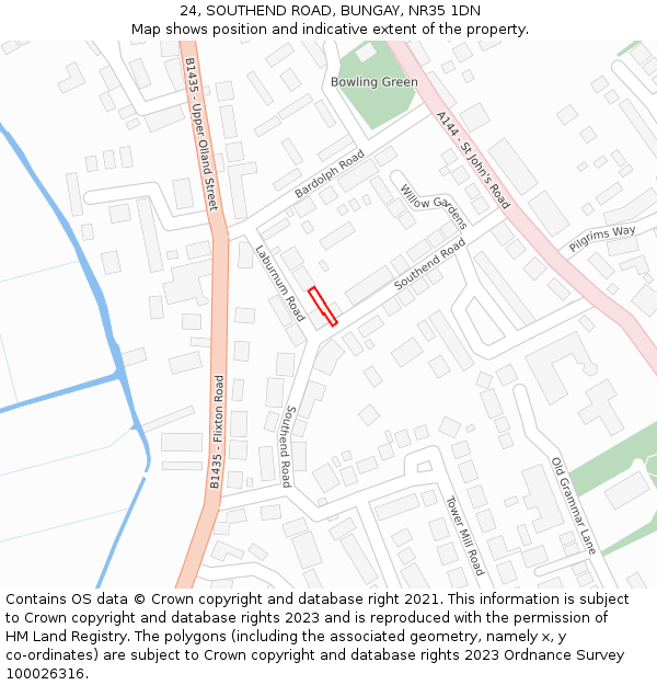 24, SOUTHEND ROAD, BUNGAY, NR35 1DN: Location map and indicative extent of plot