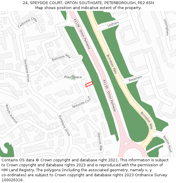 24, SPEYSIDE COURT, ORTON SOUTHGATE, PETERBOROUGH, PE2 6SN: Location map and indicative extent of plot