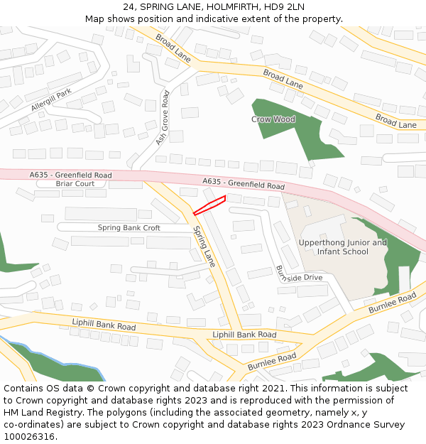 24, SPRING LANE, HOLMFIRTH, HD9 2LN: Location map and indicative extent of plot