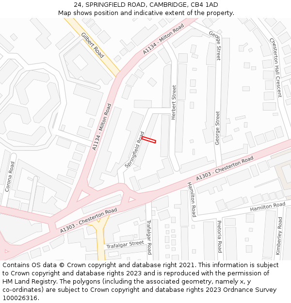 24, SPRINGFIELD ROAD, CAMBRIDGE, CB4 1AD: Location map and indicative extent of plot