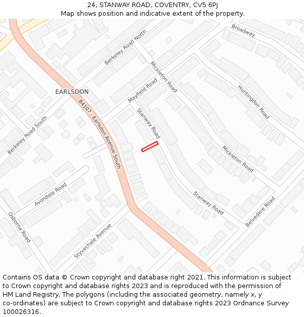 24, STANWAY ROAD, COVENTRY, CV5 6PJ: Location map and indicative extent of plot