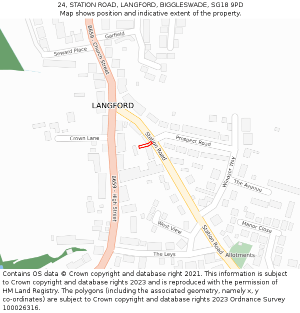 24, STATION ROAD, LANGFORD, BIGGLESWADE, SG18 9PD: Location map and indicative extent of plot