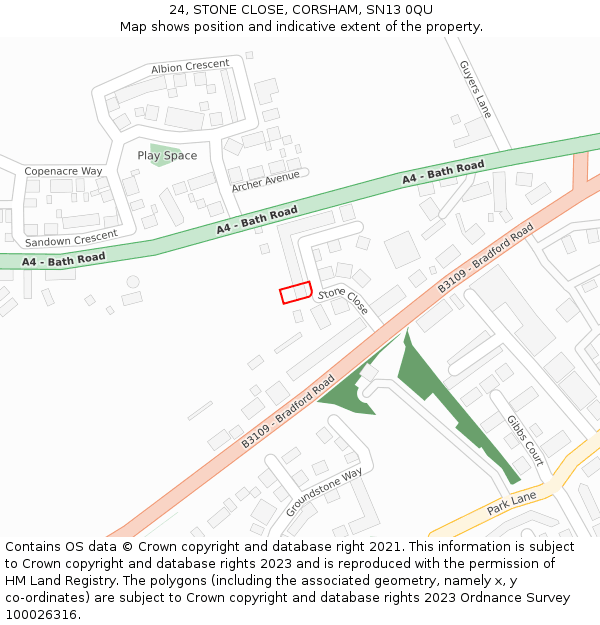 24, STONE CLOSE, CORSHAM, SN13 0QU: Location map and indicative extent of plot