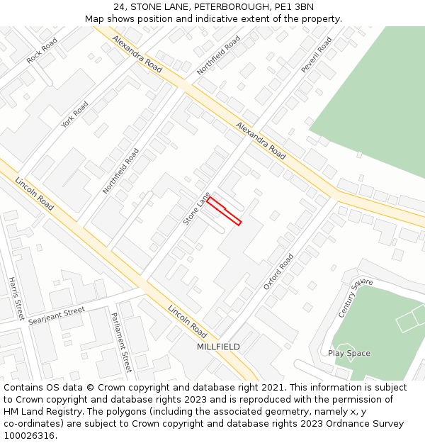 24, STONE LANE, PETERBOROUGH, PE1 3BN: Location map and indicative extent of plot