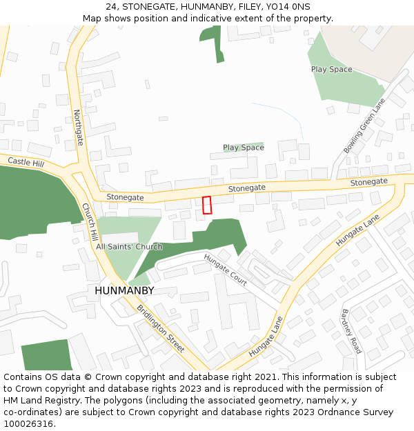 24, STONEGATE, HUNMANBY, FILEY, YO14 0NS: Location map and indicative extent of plot