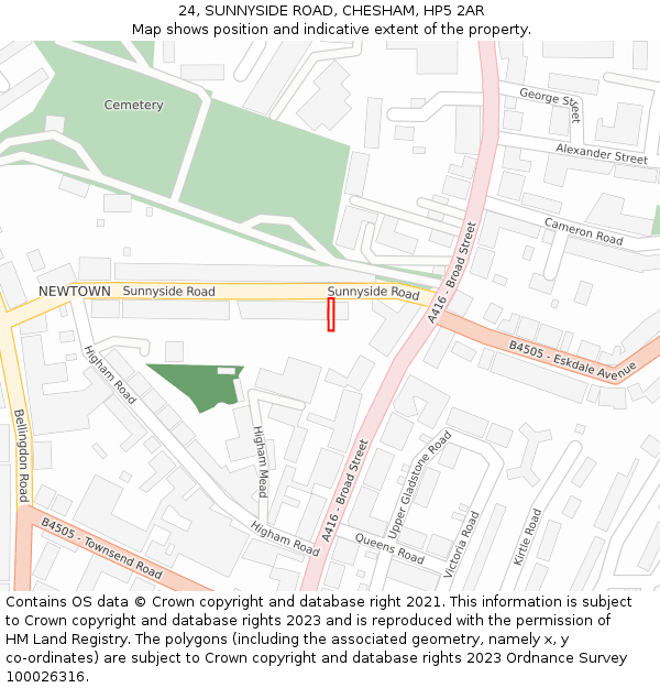 24, SUNNYSIDE ROAD, CHESHAM, HP5 2AR: Location map and indicative extent of plot