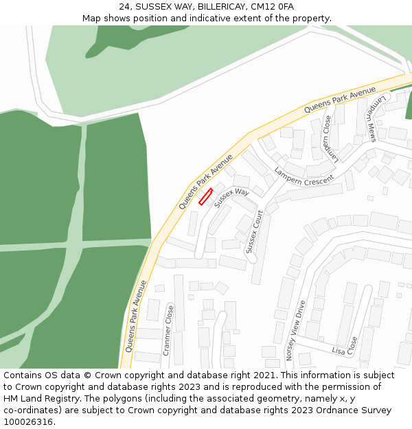 24, SUSSEX WAY, BILLERICAY, CM12 0FA: Location map and indicative extent of plot