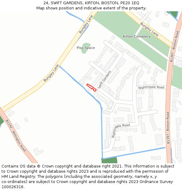24, SWIFT GARDENS, KIRTON, BOSTON, PE20 1EQ: Location map and indicative extent of plot