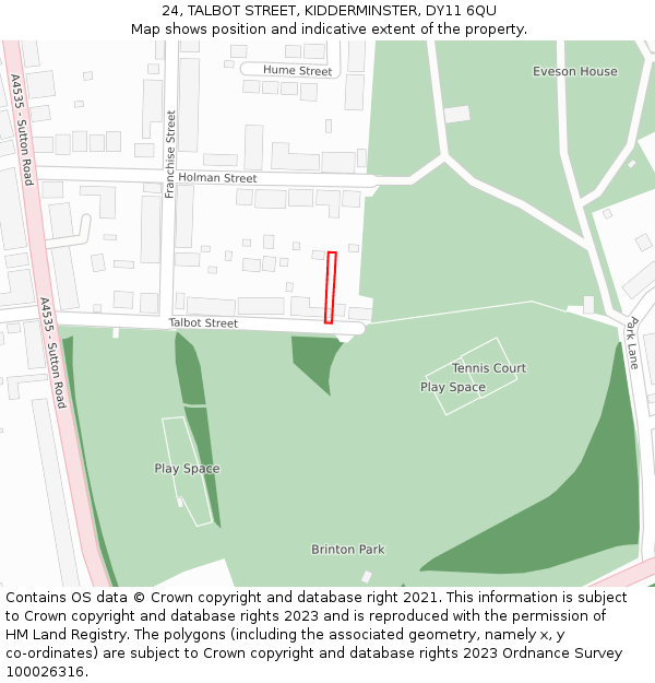 24, TALBOT STREET, KIDDERMINSTER, DY11 6QU: Location map and indicative extent of plot