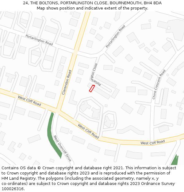 24, THE BOLTONS, PORTARLINGTON CLOSE, BOURNEMOUTH, BH4 8DA: Location map and indicative extent of plot