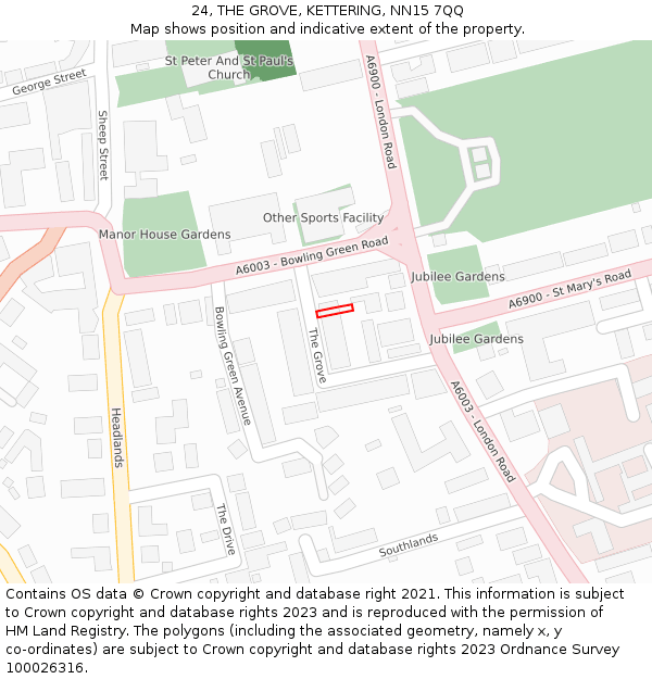 24, THE GROVE, KETTERING, NN15 7QQ: Location map and indicative extent of plot