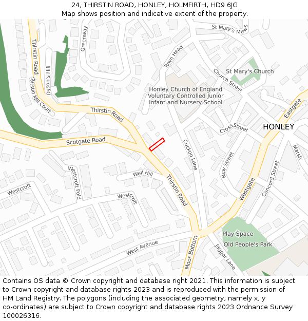 24, THIRSTIN ROAD, HONLEY, HOLMFIRTH, HD9 6JG: Location map and indicative extent of plot