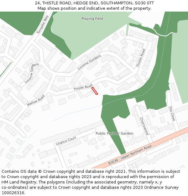 24, THISTLE ROAD, HEDGE END, SOUTHAMPTON, SO30 0TT: Location map and indicative extent of plot