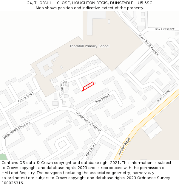 24, THORNHILL CLOSE, HOUGHTON REGIS, DUNSTABLE, LU5 5SG: Location map and indicative extent of plot