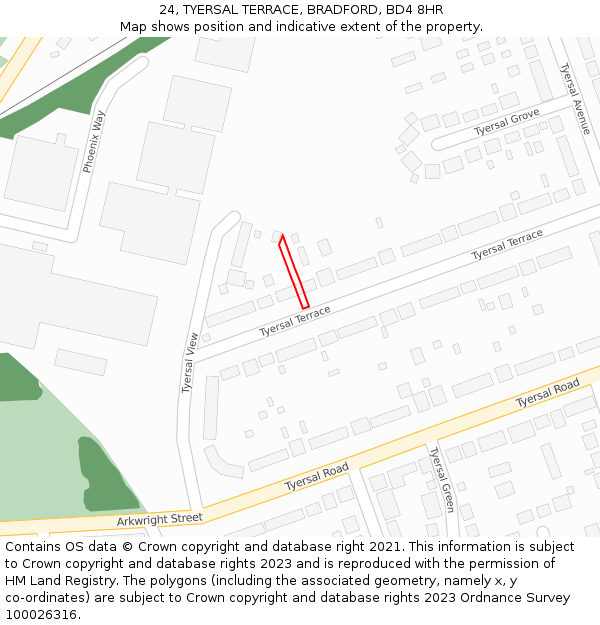 24, TYERSAL TERRACE, BRADFORD, BD4 8HR: Location map and indicative extent of plot