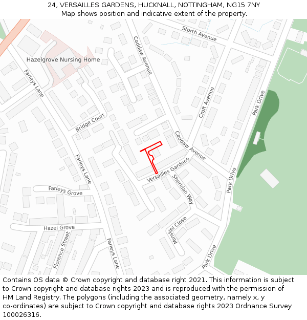 24, VERSAILLES GARDENS, HUCKNALL, NOTTINGHAM, NG15 7NY: Location map and indicative extent of plot