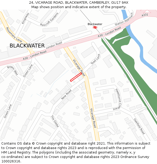 24, VICARAGE ROAD, BLACKWATER, CAMBERLEY, GU17 9AX: Location map and indicative extent of plot