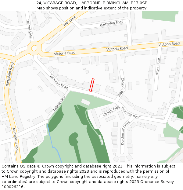 24, VICARAGE ROAD, HARBORNE, BIRMINGHAM, B17 0SP: Location map and indicative extent of plot
