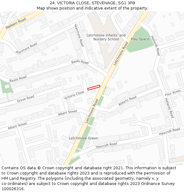 24, VICTORIA CLOSE, STEVENAGE, SG1 3PB: Location map and indicative extent of plot