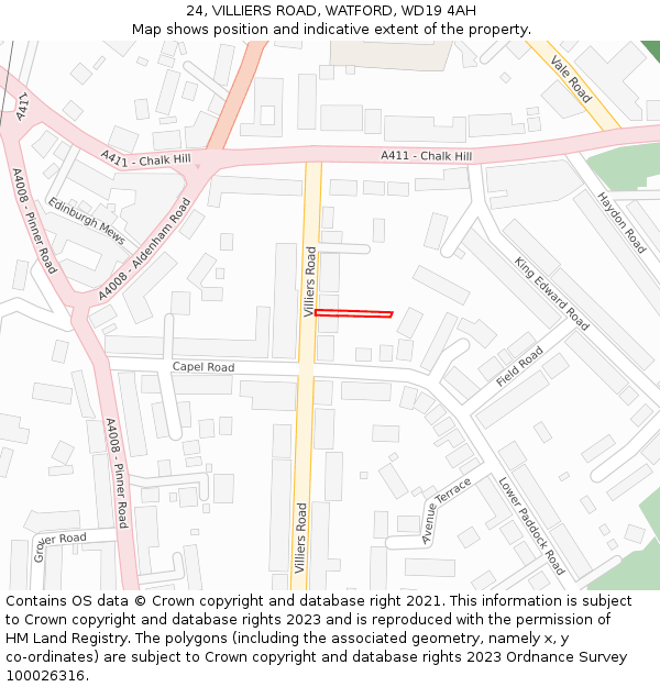 24, VILLIERS ROAD, WATFORD, WD19 4AH: Location map and indicative extent of plot