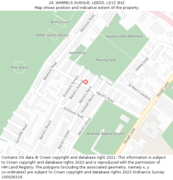 24, WARRELS AVENUE, LEEDS, LS13 3NZ: Location map and indicative extent of plot