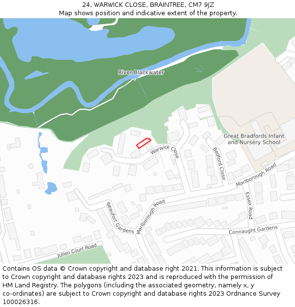 24, WARWICK CLOSE, BRAINTREE, CM7 9JZ: Location map and indicative extent of plot