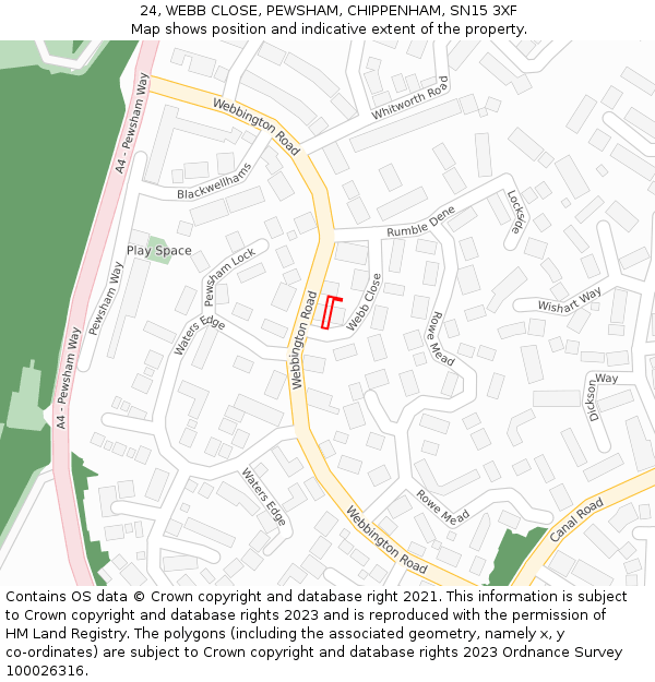 24, WEBB CLOSE, PEWSHAM, CHIPPENHAM, SN15 3XF: Location map and indicative extent of plot