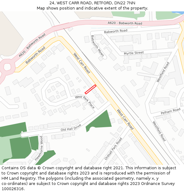 24, WEST CARR ROAD, RETFORD, DN22 7NN: Location map and indicative extent of plot
