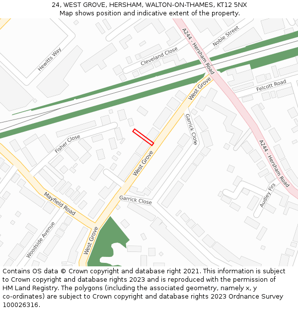 24, WEST GROVE, HERSHAM, WALTON-ON-THAMES, KT12 5NX: Location map and indicative extent of plot