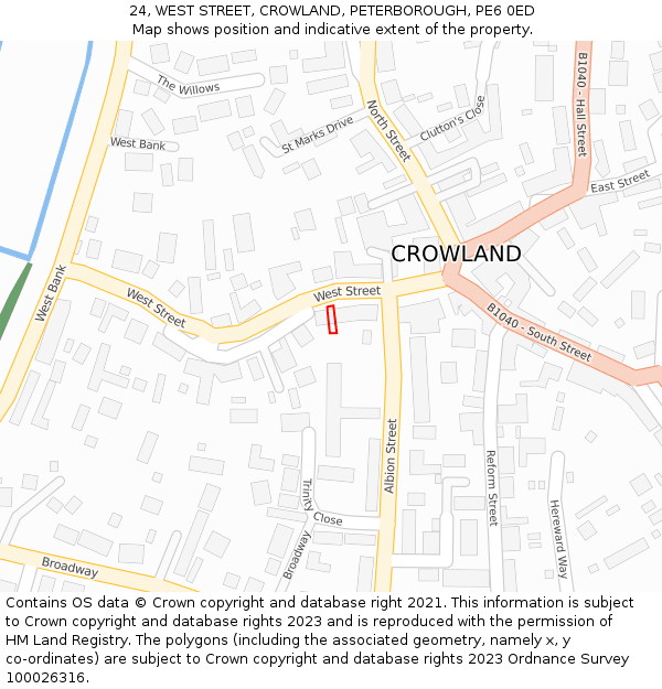 24, WEST STREET, CROWLAND, PETERBOROUGH, PE6 0ED: Location map and indicative extent of plot