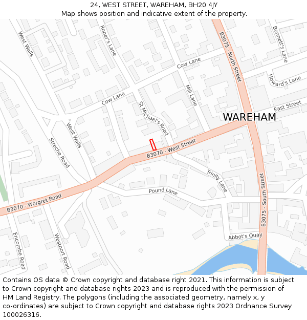 24, WEST STREET, WAREHAM, BH20 4JY: Location map and indicative extent of plot