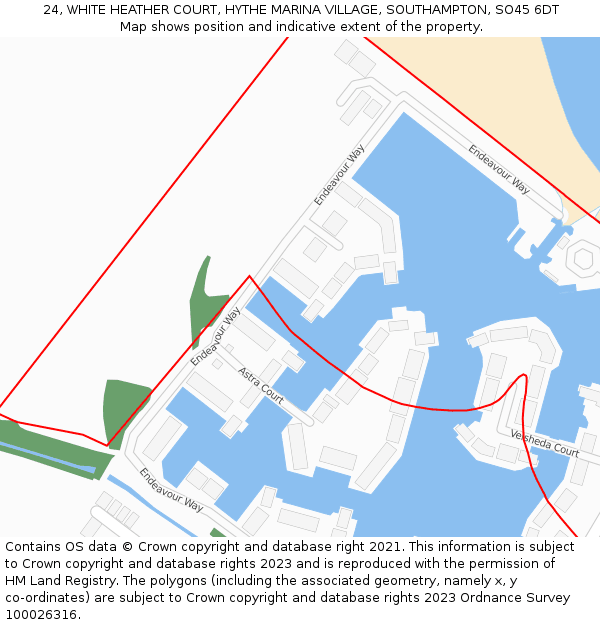 24, WHITE HEATHER COURT, HYTHE MARINA VILLAGE, SOUTHAMPTON, SO45 6DT: Location map and indicative extent of plot