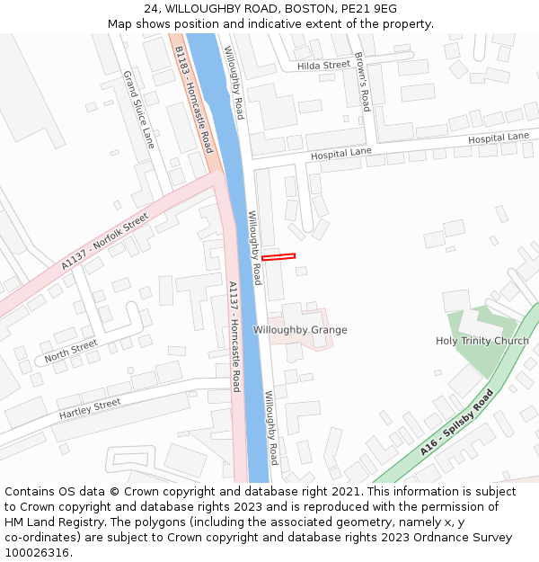 24, WILLOUGHBY ROAD, BOSTON, PE21 9EG: Location map and indicative extent of plot