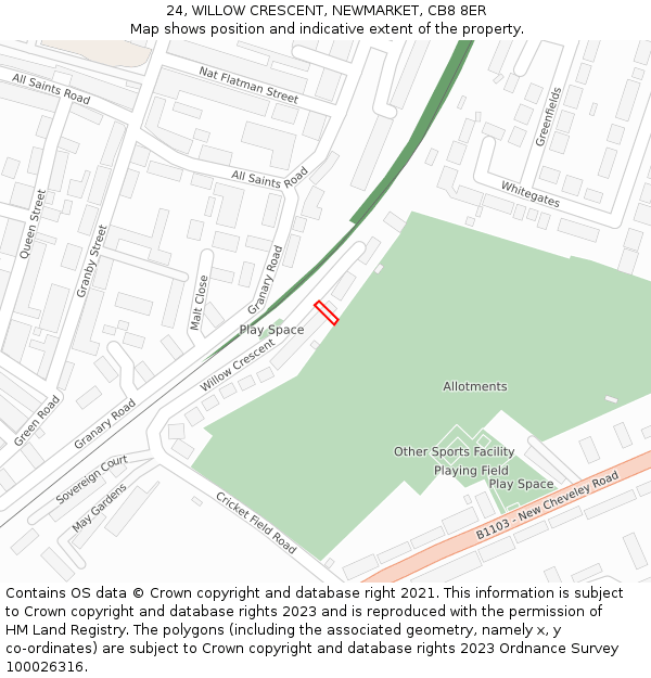 24, WILLOW CRESCENT, NEWMARKET, CB8 8ER: Location map and indicative extent of plot