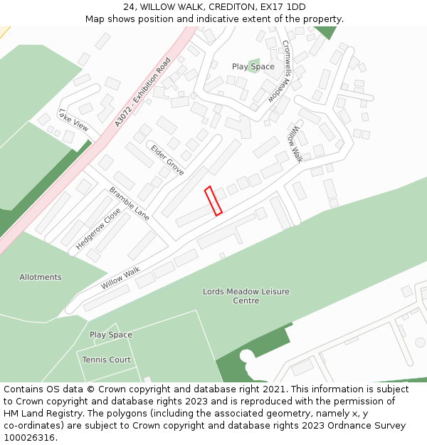 24, WILLOW WALK, CREDITON, EX17 1DD: Location map and indicative extent of plot