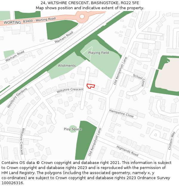 24, WILTSHIRE CRESCENT, BASINGSTOKE, RG22 5FE: Location map and indicative extent of plot