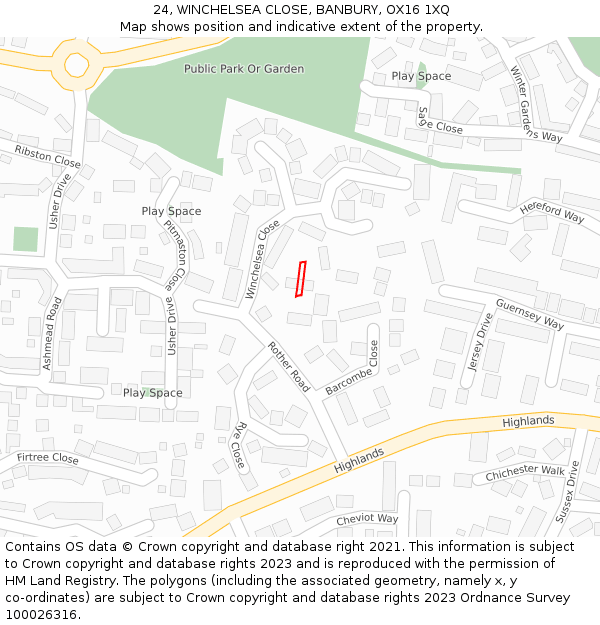 24, WINCHELSEA CLOSE, BANBURY, OX16 1XQ: Location map and indicative extent of plot