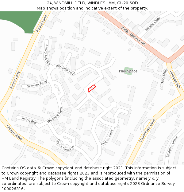 24, WINDMILL FIELD, WINDLESHAM, GU20 6QD: Location map and indicative extent of plot