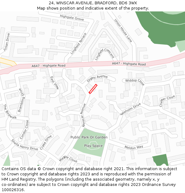 24, WINSCAR AVENUE, BRADFORD, BD6 3WX: Location map and indicative extent of plot
