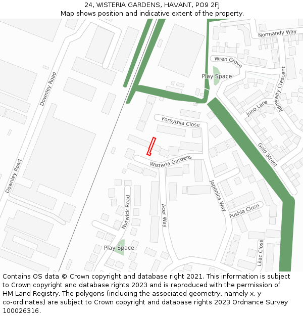 24, WISTERIA GARDENS, HAVANT, PO9 2FJ: Location map and indicative extent of plot