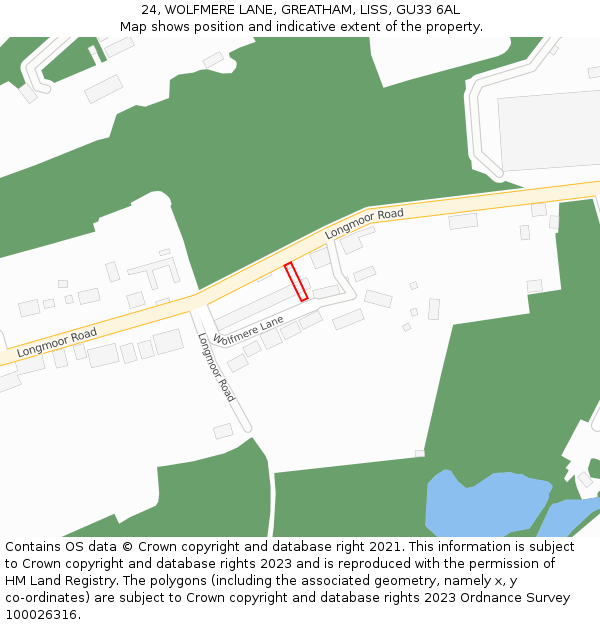 24, WOLFMERE LANE, GREATHAM, LISS, GU33 6AL: Location map and indicative extent of plot