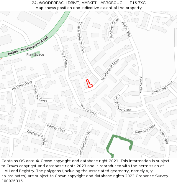 24, WOODBREACH DRIVE, MARKET HARBOROUGH, LE16 7XG: Location map and indicative extent of plot