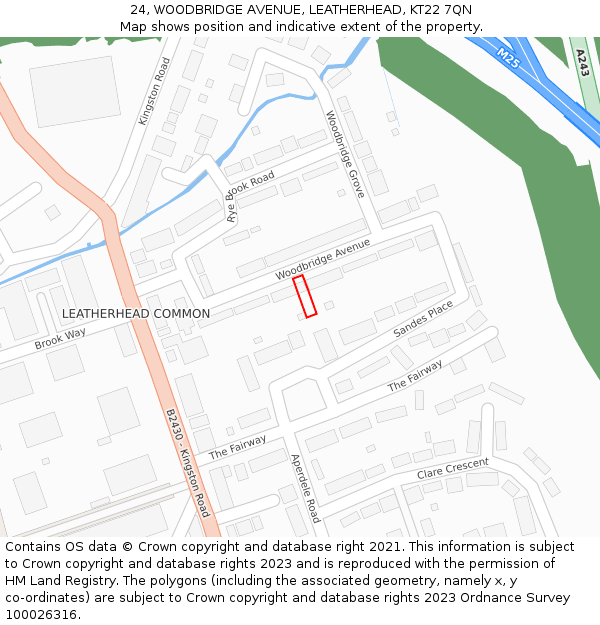 24, WOODBRIDGE AVENUE, LEATHERHEAD, KT22 7QN: Location map and indicative extent of plot