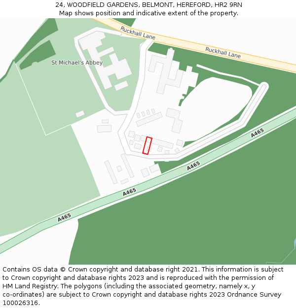24, WOODFIELD GARDENS, BELMONT, HEREFORD, HR2 9RN: Location map and indicative extent of plot