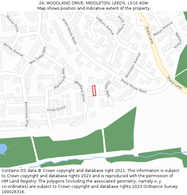 24, WOODLAND DRIVE, MIDDLETON, LEEDS, LS10 4GW: Location map and indicative extent of plot