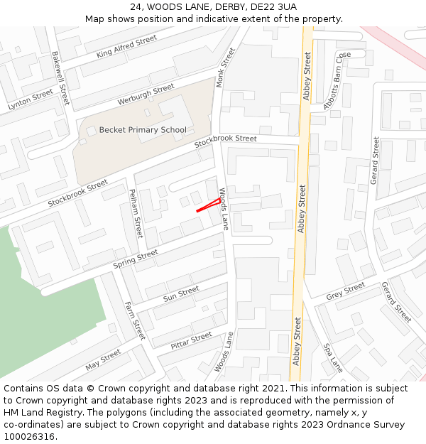 24, WOODS LANE, DERBY, DE22 3UA: Location map and indicative extent of plot