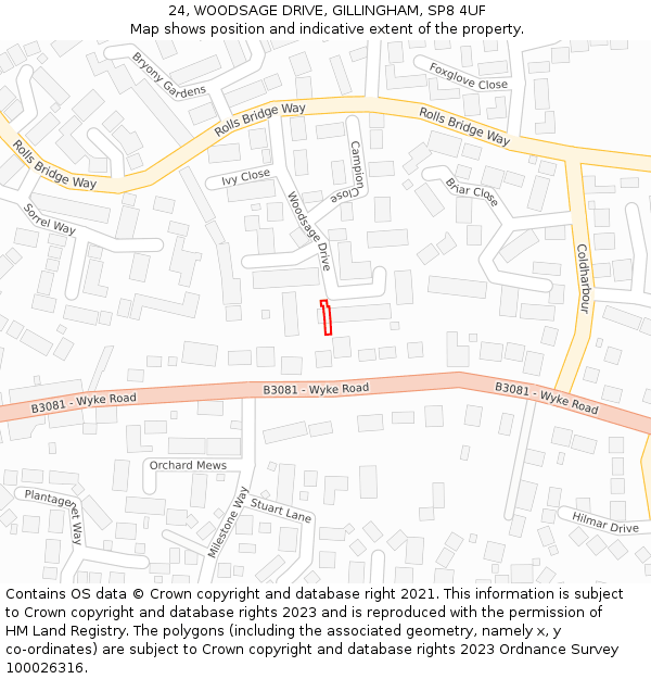 24, WOODSAGE DRIVE, GILLINGHAM, SP8 4UF: Location map and indicative extent of plot