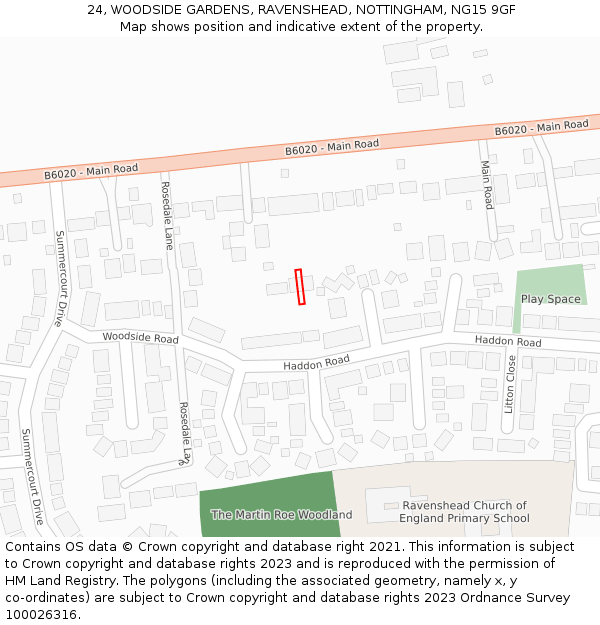 24, WOODSIDE GARDENS, RAVENSHEAD, NOTTINGHAM, NG15 9GF: Location map and indicative extent of plot