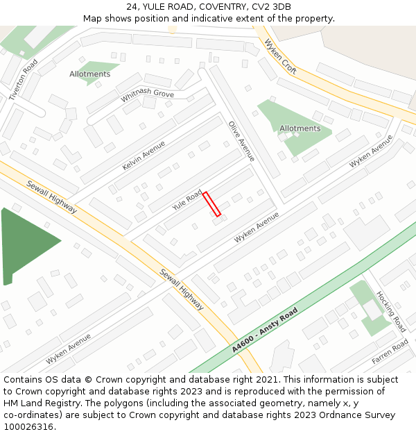 24, YULE ROAD, COVENTRY, CV2 3DB: Location map and indicative extent of plot